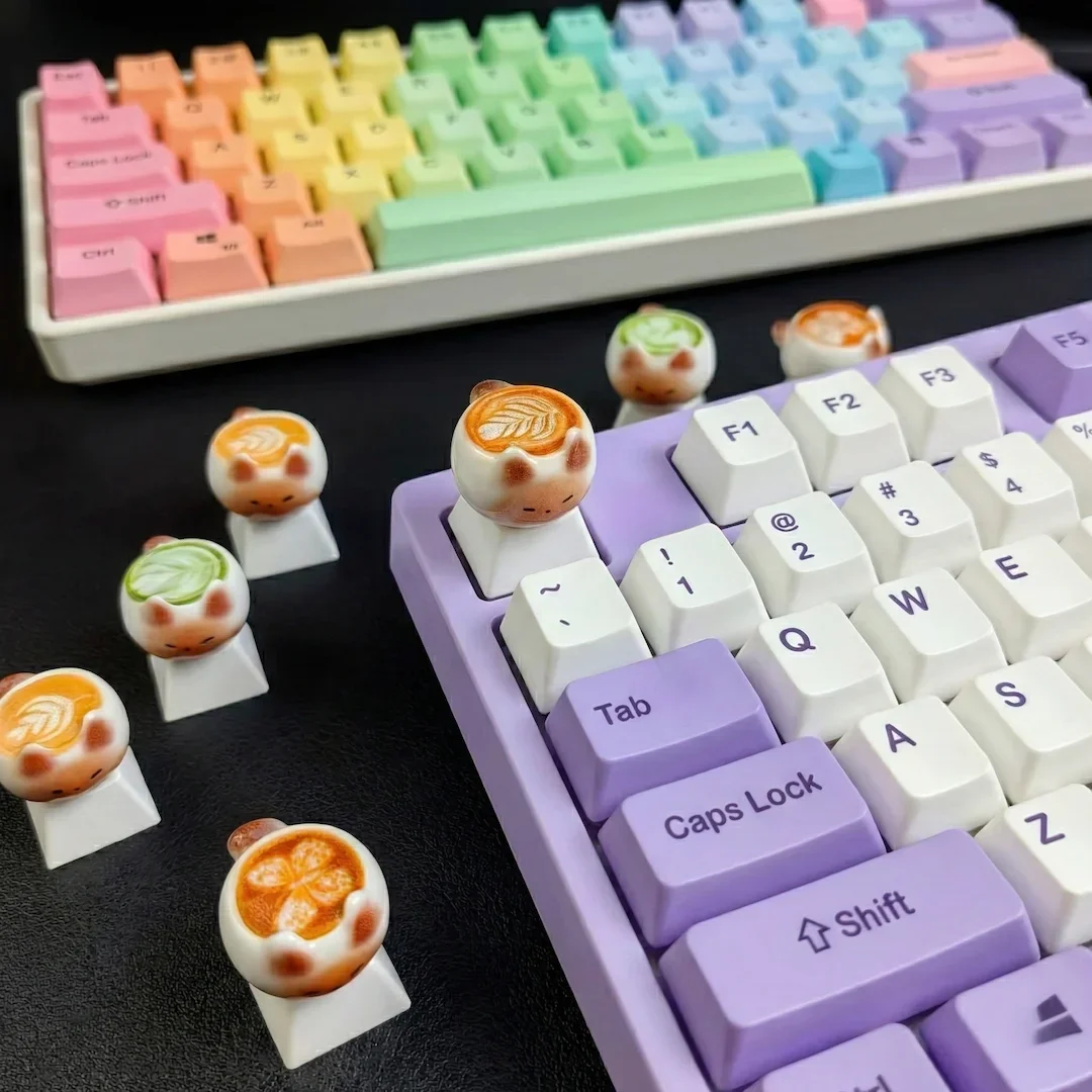 Cute Thai Cat Key Cap, Cartoon Coffee Animal Keycap for Cherry MX Switch Gaming Keyboard
