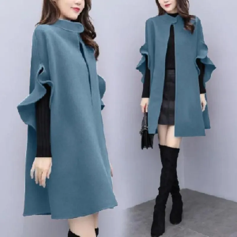 Women\'s Autumn Winter Clothing New Korean Fashionable England Midi Solid Color Stand Collar Flare Sleeve Draped Woolen Cape Coat