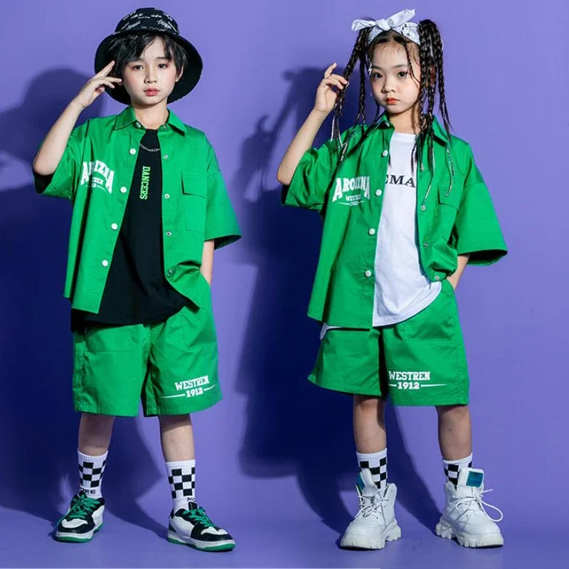 Camisa Cardigan Verde Infantil e Shorts Cargo, Top e Calças, Traje Jazz Dance, Roupas Rave, Roupas Kpop, Hip Hop e Concert, Meninos e Meninas