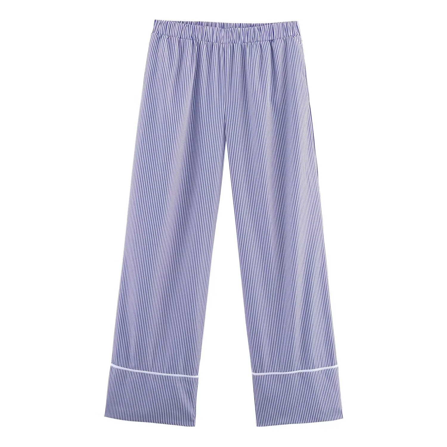 Women Casual Chic Blue Stripe Pants Set Female Striped Long Sleeve Shirt Or Lady Elastic Waist Straight Leg Striped Pants