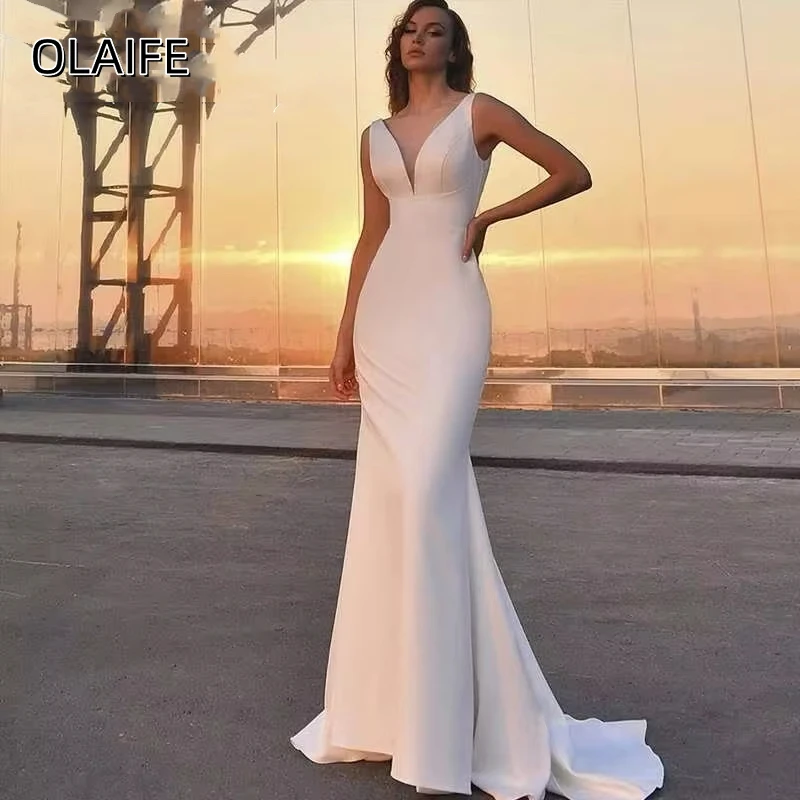 Olaife Simple Mermaid Wedding Dresses Sleeveless Backless V-Neck Satin Bridal Gown Sweep Train Vestidos De Novia