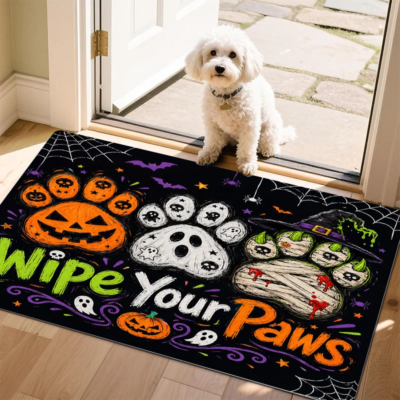 Rectangular Halloween Pumpkin Mummy Paw Print Welcome Doormat, Non‑Slip Dirt‑proof Floor Decor