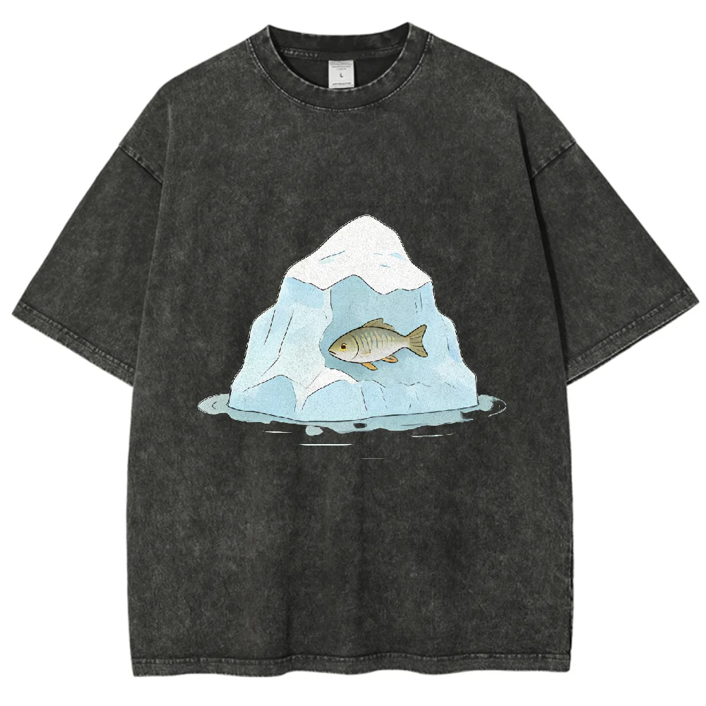 

Washed Fun Ice Fish Pattern Oversized T Shirt Casual Unisex Cotton Graphic Tee for Nature Fans Summer Streetwear Harajuku Y2K