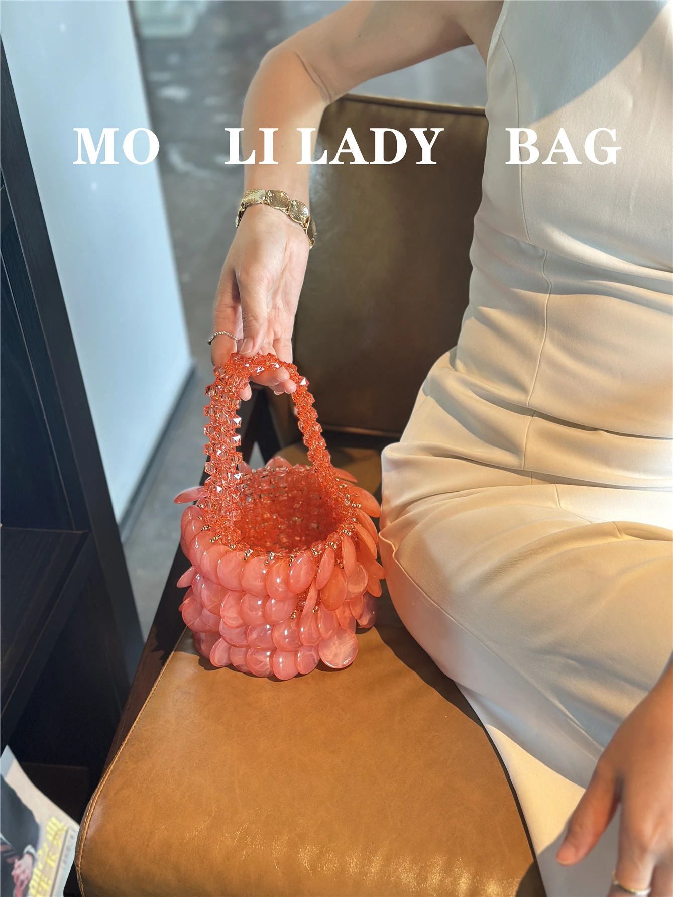 Handcrafted Beaded Pearl Bucket Bag Women's Moon Shape  Handbag Vintage  Pink Natural Large  Handle Bag