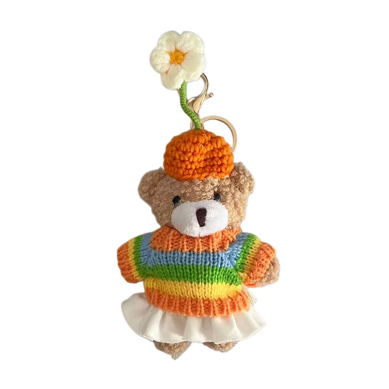 Korean-style Cute Handmade Crocheted Flower Hat Plush Bear Keychain cartoon Sweater Teddy Bear Bag Pendant for Women view 5