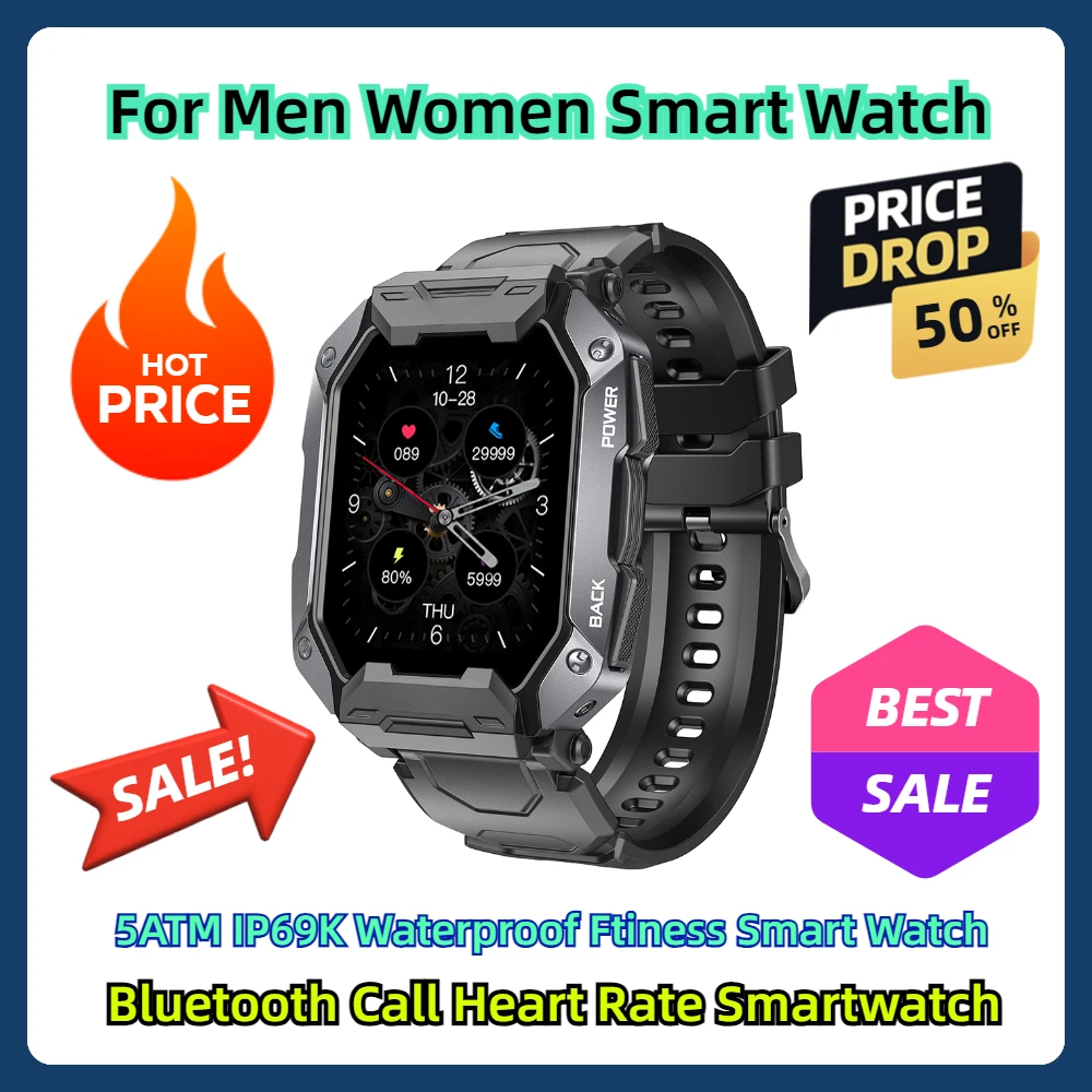 

For Men Women Smart Watch 5ATM IP69K Waterproof Ftiness Smart Watch Bluetooth Call Heart Rate Smartwatch