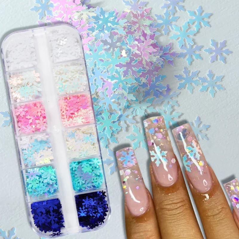 Winter Blue Snowflake Nail Art Decorations Iridescent White Glitter Flakes Sequins Manicure Supplies Christmas Nails Accessories