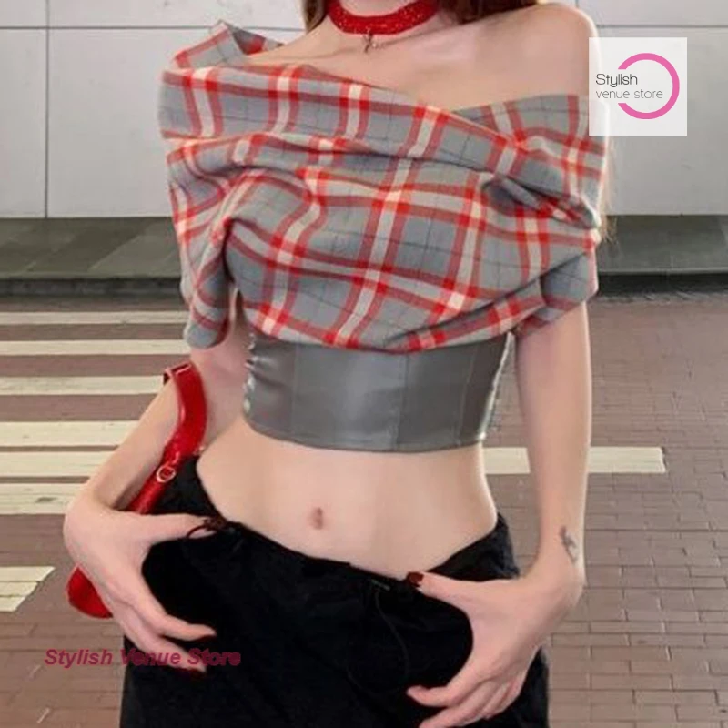 

French retro plaid short sleeve neck T-shirt women's summer new fashion design short sleeveless off-the-shoulder Joker top