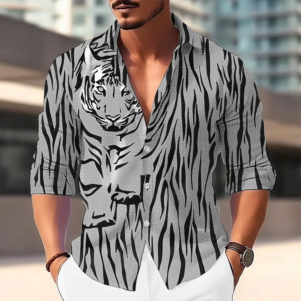 Men's Tiger Graphic Long Sleeve Shirt 3D Print Animal Pattern Lapel Button Shirts Fashion Cool Autumn Daily Casual Male Clothing