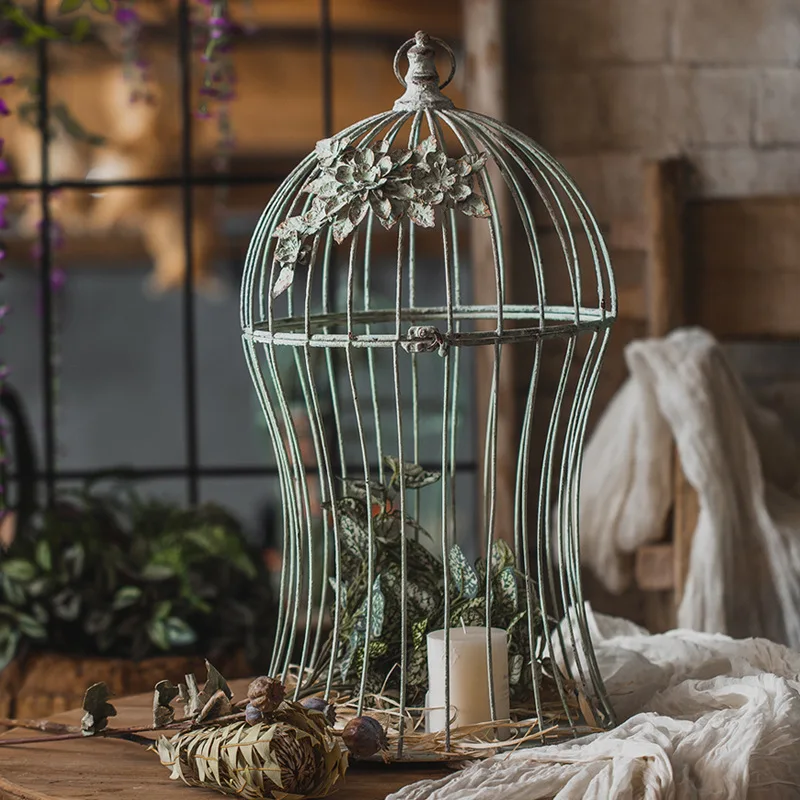 American retro wrought iron candlestick made old wire bird cage shelf decoration wedding living room flower blue floor ornament