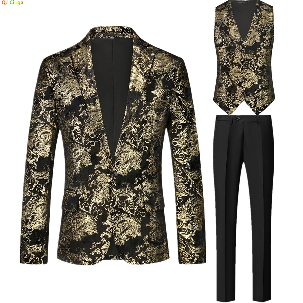 

2026 New Men's Three-Piece Suit Set: Gold-Print Decorated Jacket and Vest Paired with Black Trousers, Asian Fit Slim Cut.
