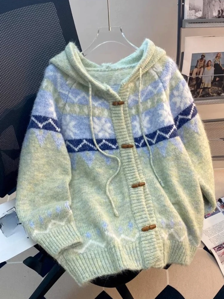 

2025 New Lazy Style Cardigan Hooded Long Sleeve Single Breasted Jacquard Sweaters Casual Loose Knit Tops Fashion Women Clothing