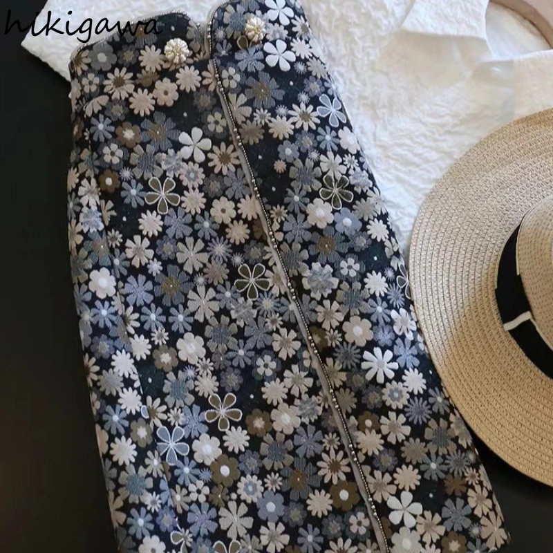 

Темпераментная юбка с цветочным принтом Jupe для женщин 2025 Faldas Mujer De Moda, модные корейские юбки Saia с высокой талией, шикарные милые облегающие юбки