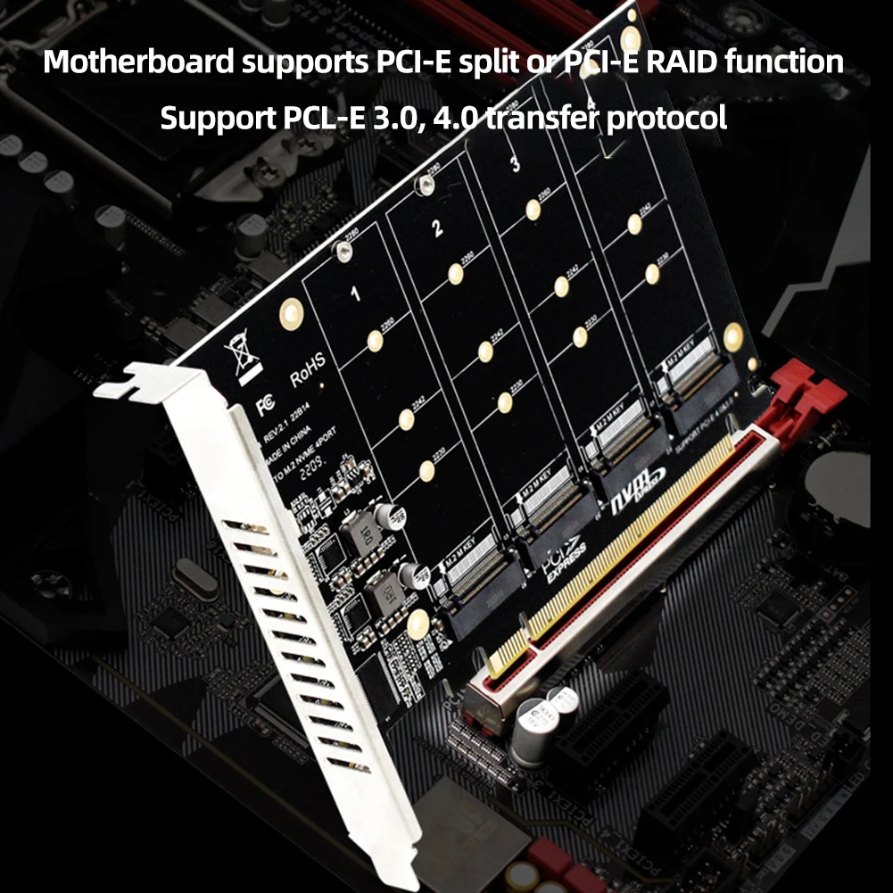 4 Port M.2 NVME SSD To PCIE X16 Adapter Converter Card Support 2230/2242/2260/2280 Host Controller Expansion Card LED Indicator