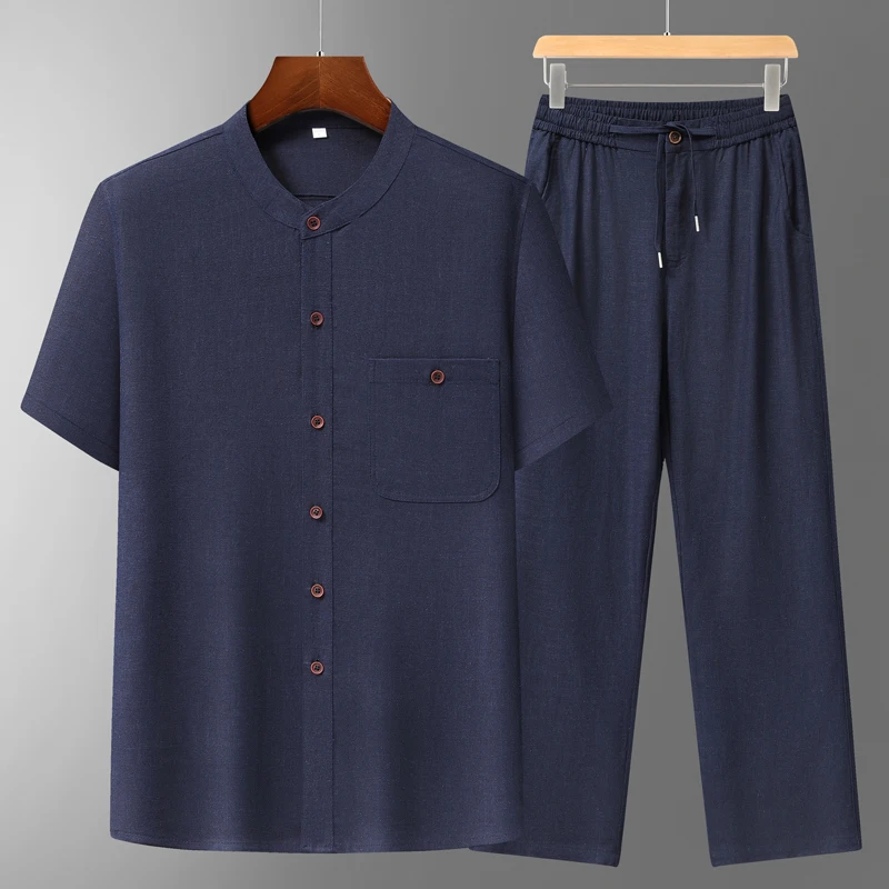 Men's Cotton Linen Tang Suit Short-Sleeved Clothing for Middle-Aged Grandpa Comfortable Breathable Linen Cloth Dad's Outfit