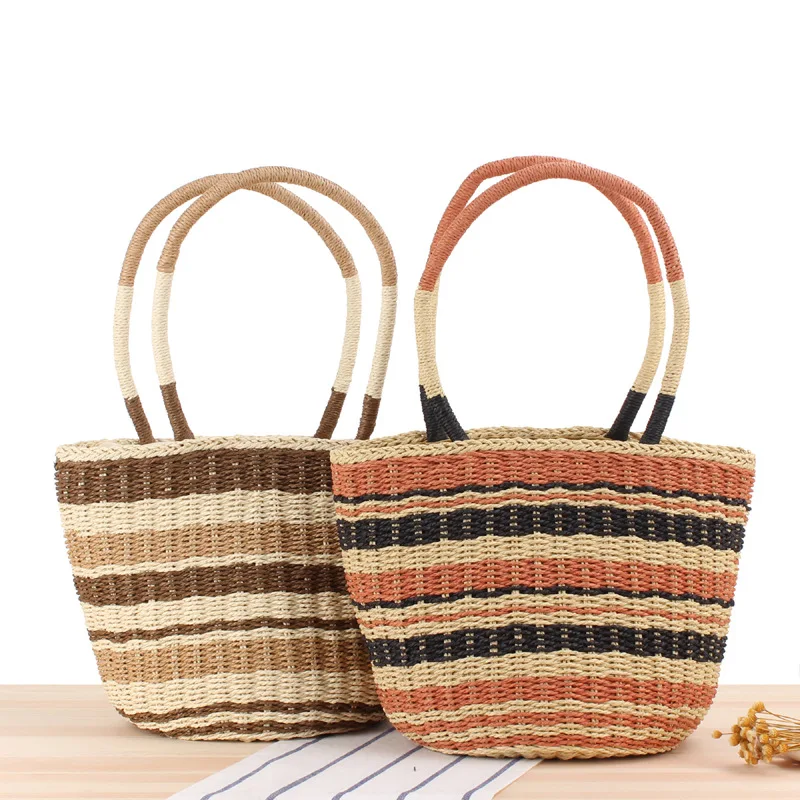 

Summer New Style Straw Woven Bucket Bag Women Outdoor Casual Stripe Knitting Tote Bag Boho Style Holiday Vacation Top-Handle Bag