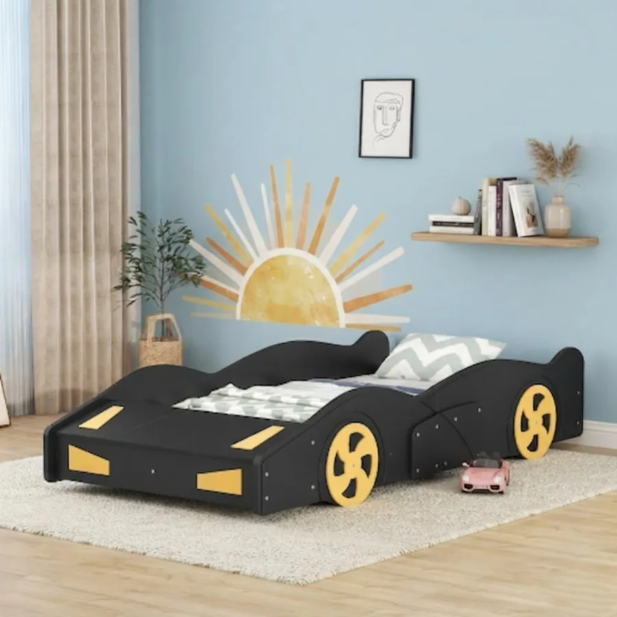 Race Car Bed for'Room: Wooden Platform Bed with Wheels, Red Color, Built-in Storage No Box Spring Needed
