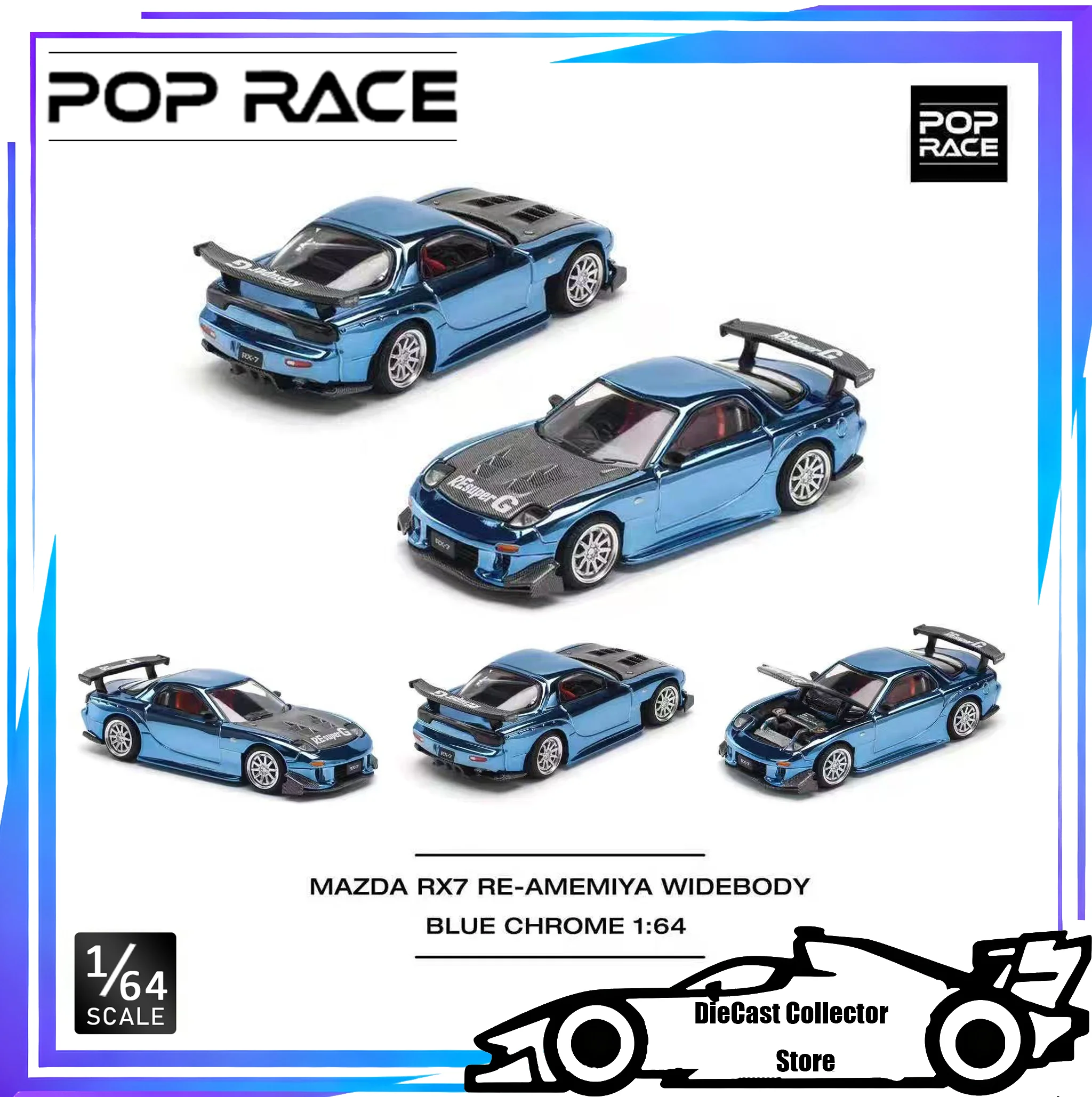 

POP RACE 1/64 MAZDA RX7 RE-AMEMIYA WIDEBODY BLUE CHROME Hood Can Be Opened Alloy Car Model Toy Gift