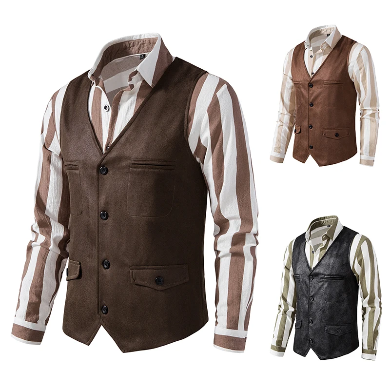 

Spring Fashion Men's Vest Standard Fit Youth Trend V-neck Suede Single Button Large Size Stage Costume Business Style Pure Color