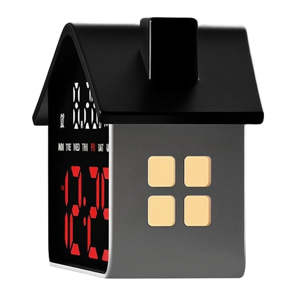LED Alarm Clock Resembling a House with Night Light for Time Date Day Week Alarm Timer for temp Switch F C 4 Level Brightness