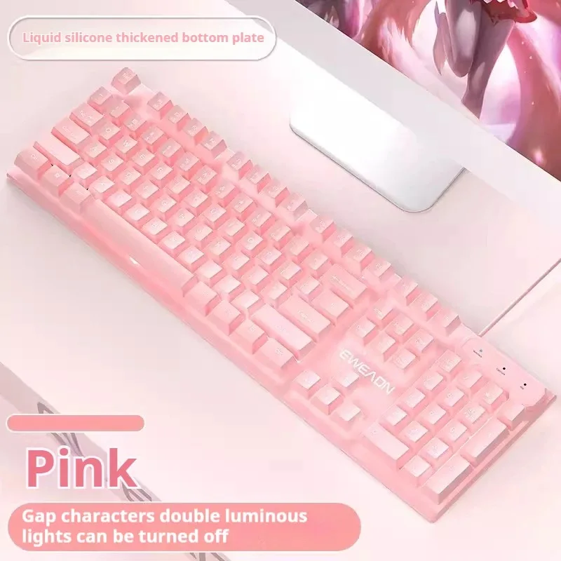 EWEADN GX320Z Game Color Blocking Film Keyboard USD Wired E-sports White Light Office Computer Keyboard Pink