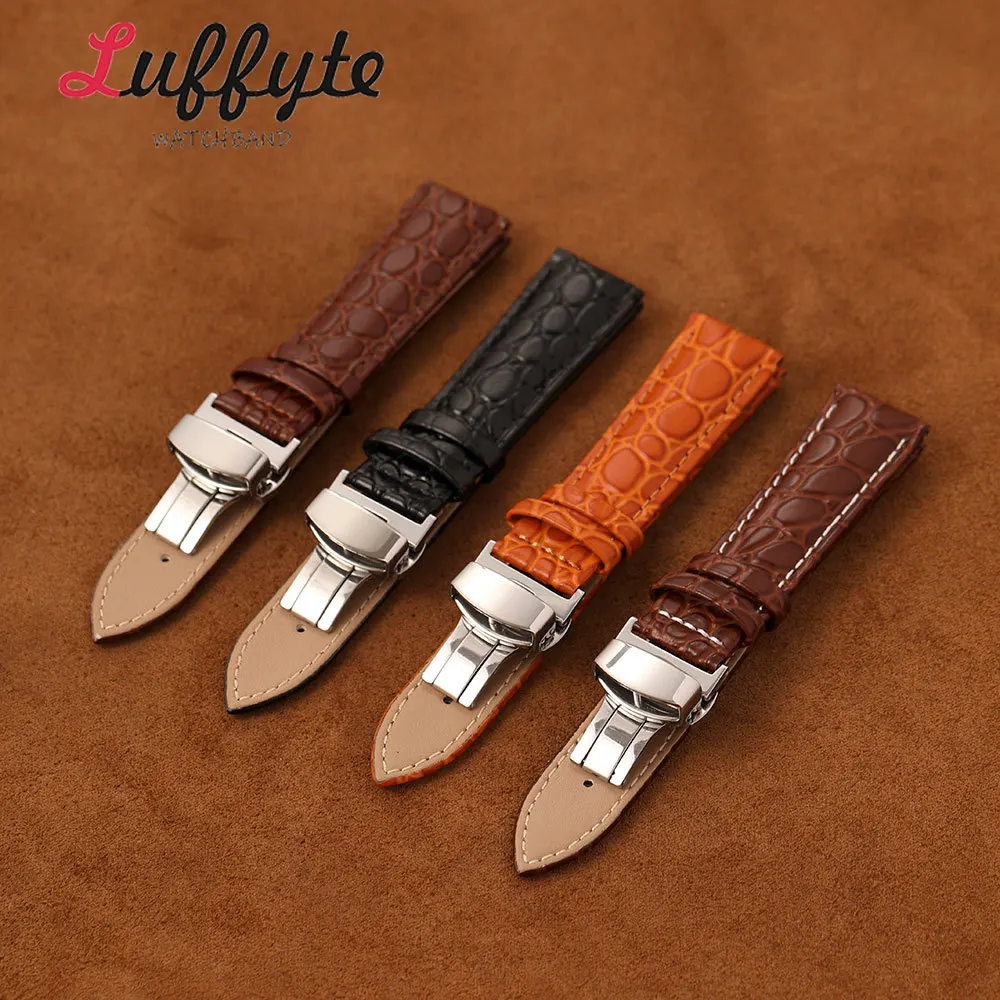 Fashion Men Synthetic Leather Watchband 18mm 20mm 22mm 24mm with Butterfly Buckle Crocodile Texture Wristwatch Strap