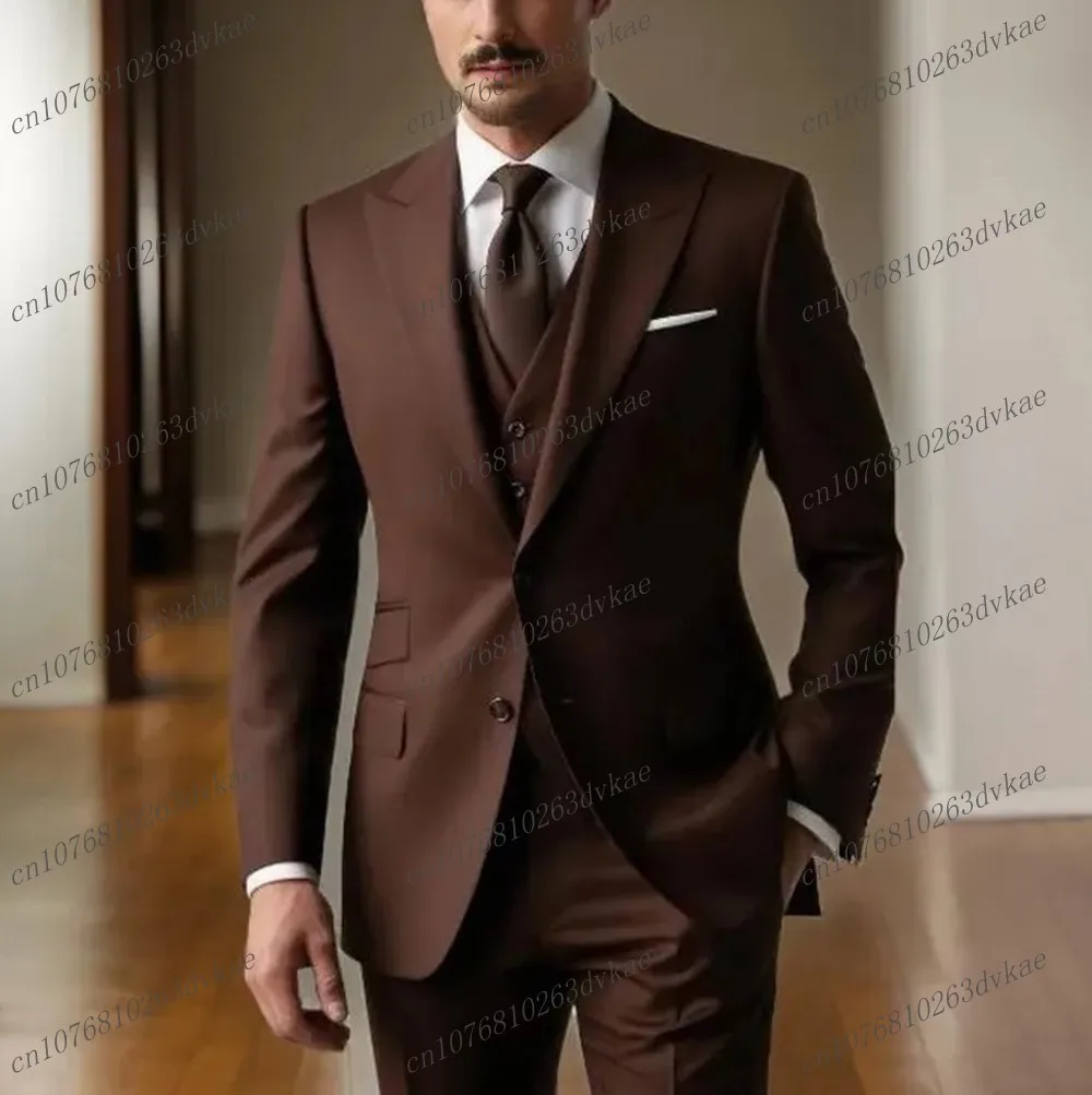 

New Brown Formal Men Suit Groom Groomsman Wedding Party Prom Business Male Tuxedos 3 Piece Set Blazer Vest Pants Customized
