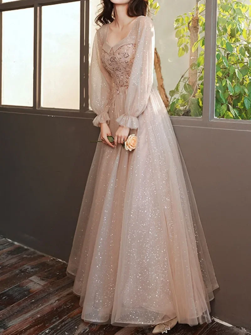 Customized French Style Square Collar Long Sleeve Long Evening Dress Beading Sequined Prom Dresses Lace Up Tulle Wedding Party G