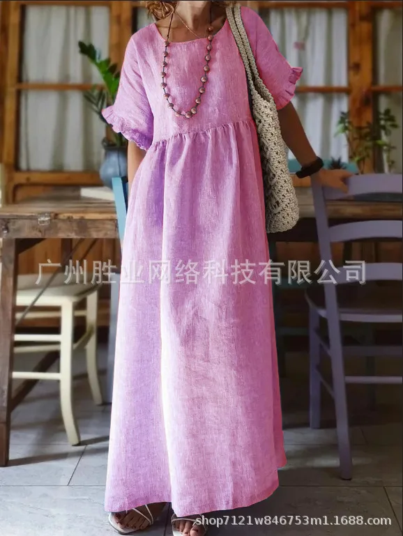 Women's Big Size Loose Round Neck Sleeveless Cotton Linen Mid-Length Dresses