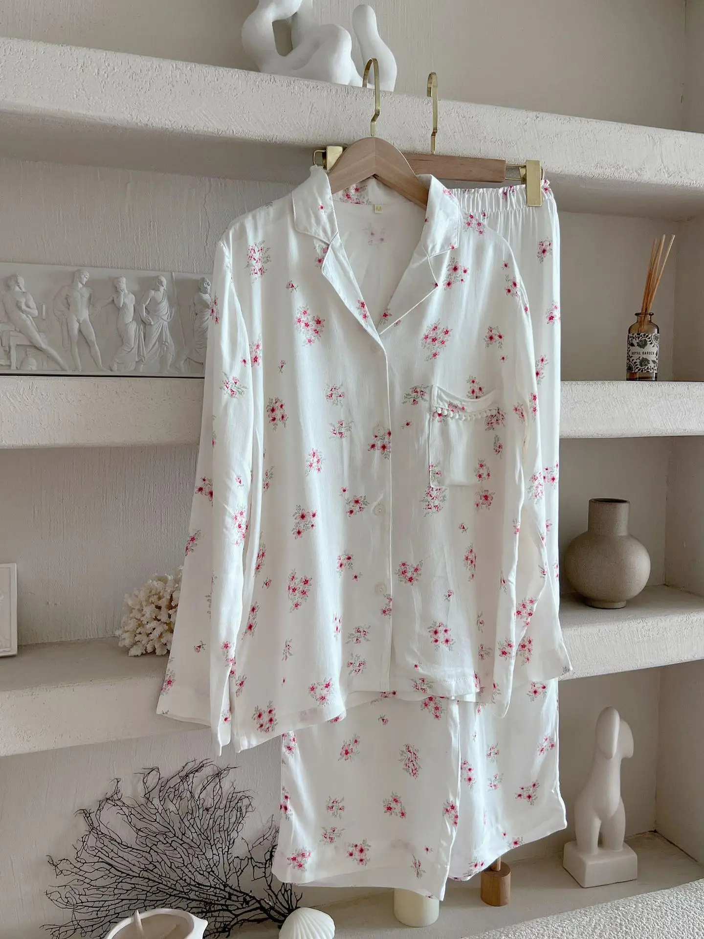 

Летний тонкий свободный женский комплект для сна: пижама с длинным рукавом и брюками, домашняя одежда из дышащего экологичного волокна для комфортного отдыха дома