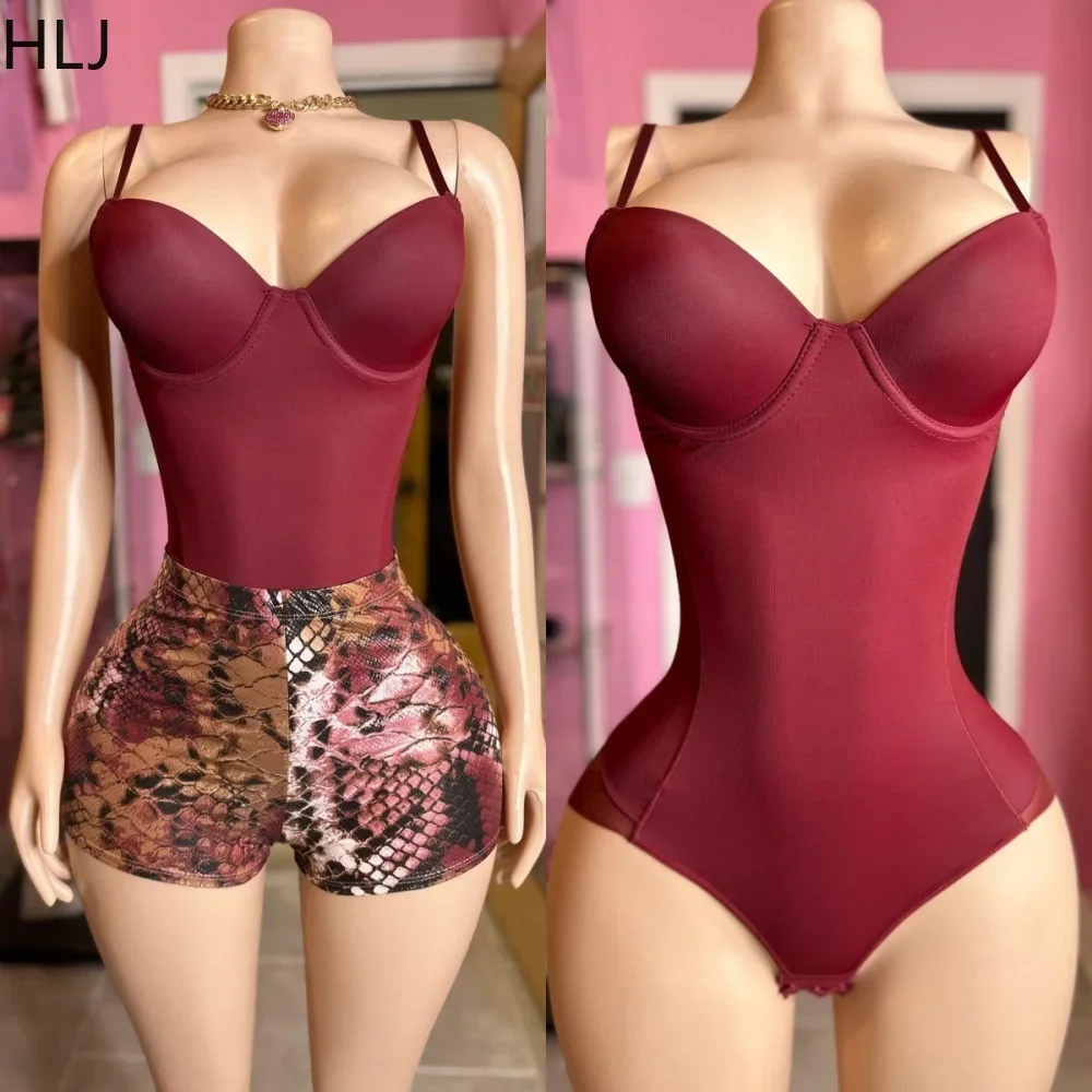 Hlj sexy sólido decote em v cinta de espaguete magro bodysuits feminino sem mangas sem costas alta elástica bodycon macacão feminino clubwear