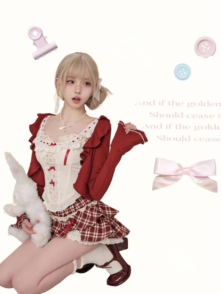 Retro Cute Girl Summer Set Women's Red Open Cardigan Top High Waist Cake Skirt Set College Style Fashion Ensemble High Waist