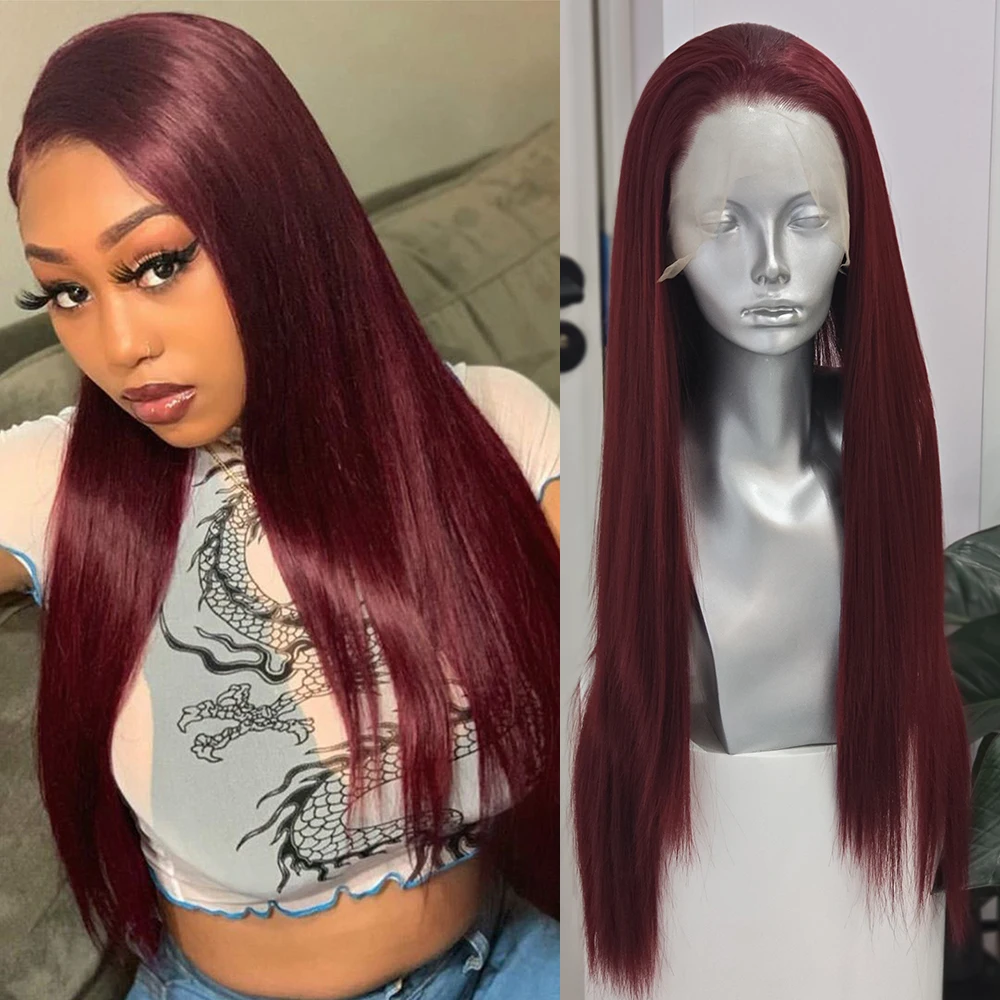 

Винно-красные прямые синтетические волосы, шелковые прямые бордовые термостойкие парики спереди для женщин, повседневная одежда для макияжа, темно-красные волосы