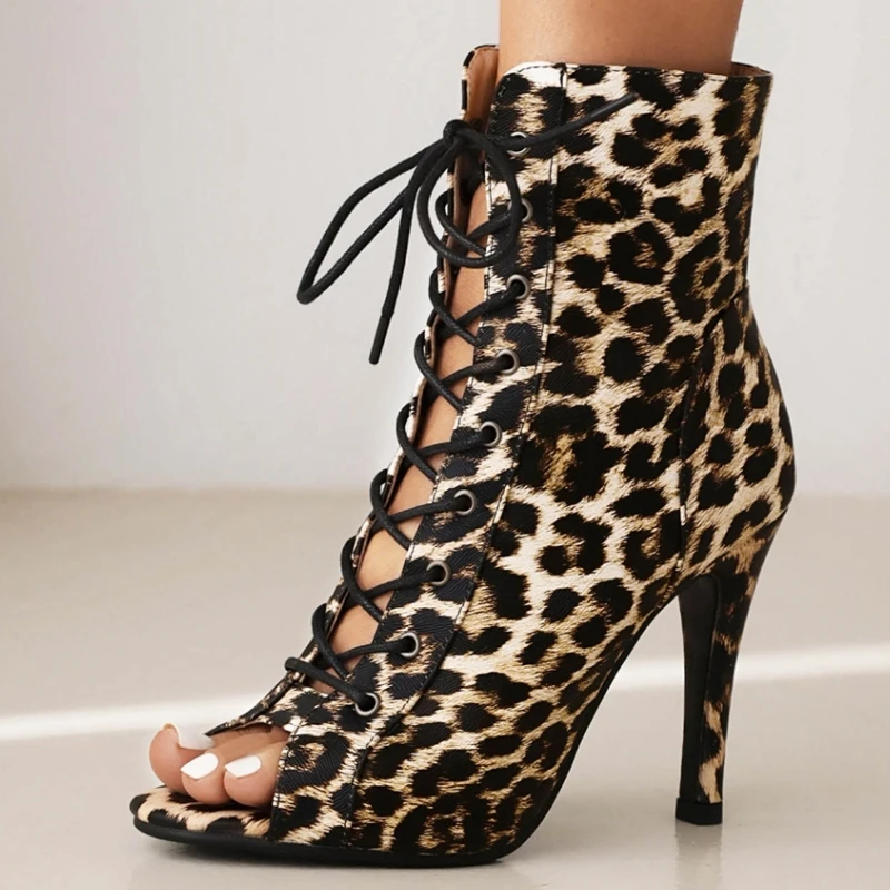 Peep Toe Short Boots Ladies Sexy Summer Shoes Leopard Party Dance Shoes Lace-up High Heel Ankle Boots For Women Large Size 45 - view 6