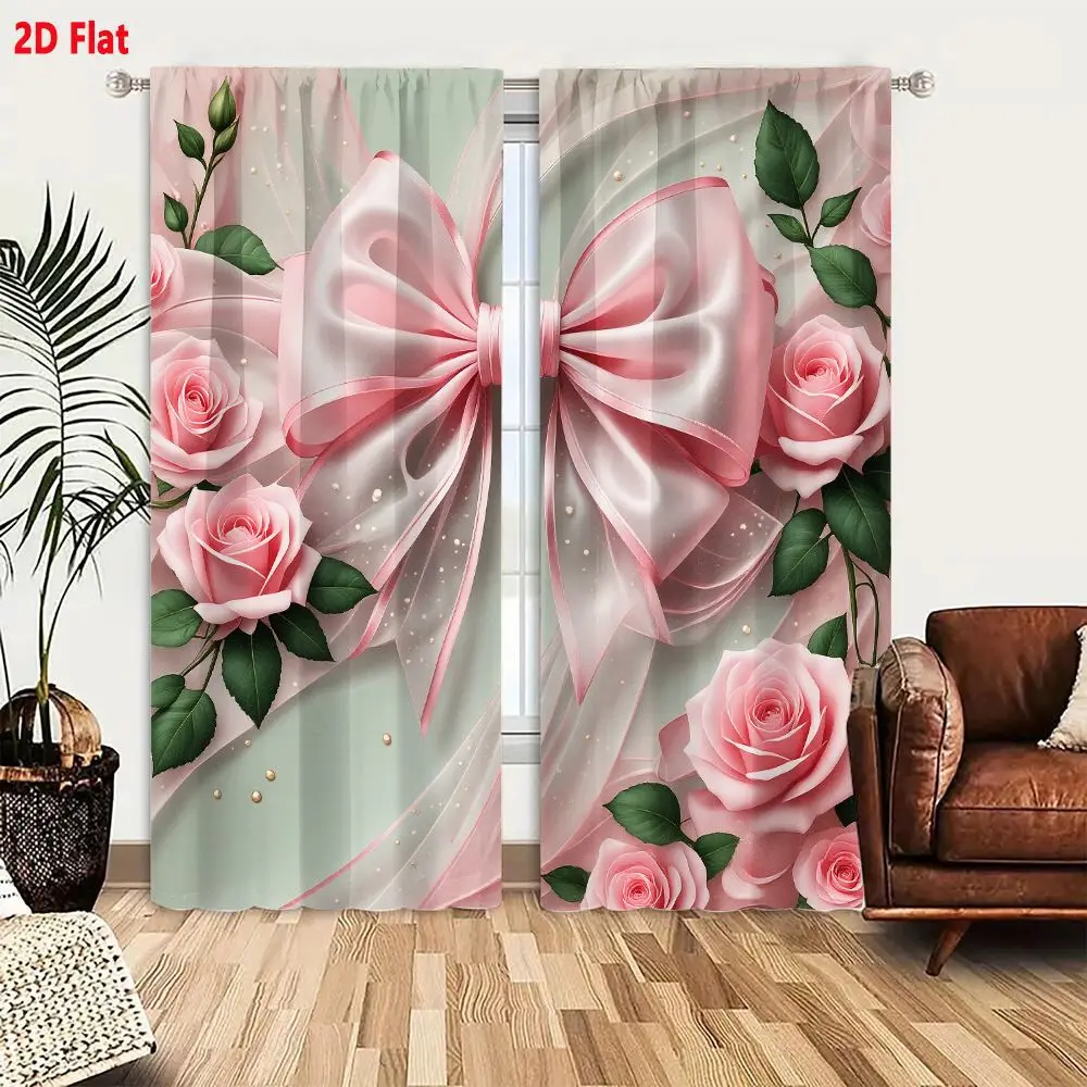 2Pcs Curtains 2D Flat Decorative Arrangement With Pastel Tones Large Shiny Pink Satin Bow Subtle White Edges Surrounded By Pink