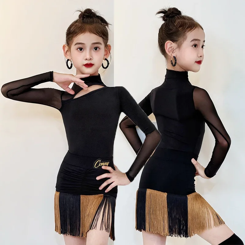 

Children Latin Dance Clothes 2026 Black Fringe Performance Costume Long Sleeve Leotard Skirt Set ChaCha Samba Training Wear
