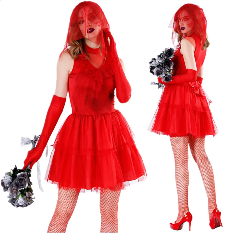 

Sexy Red Horror Ghost Bride Costume Adult Women Halloween Cosplay Zombie Vampire Bride Dress