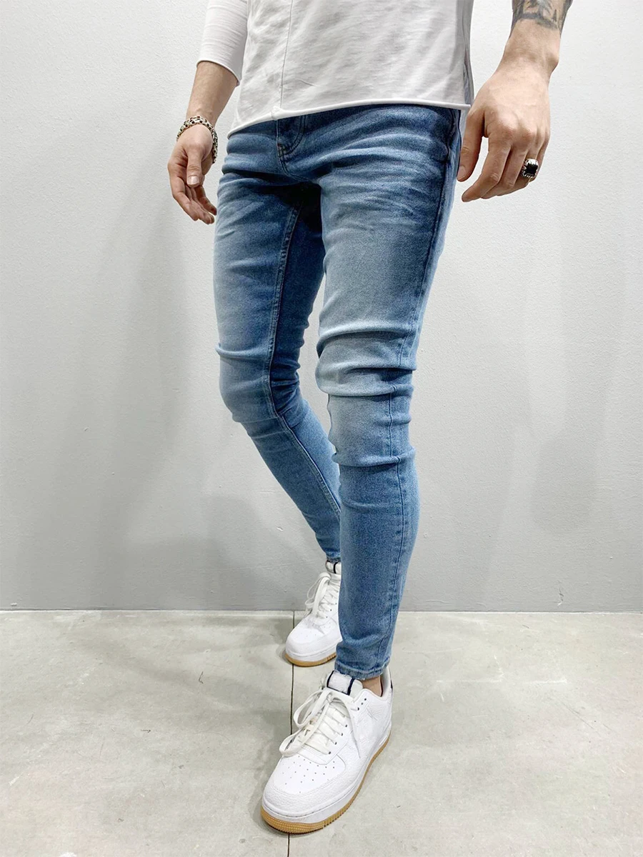 High-Quality Solid Color Men\' Clothing Europe And The United States Classic Washed Jeans Casual Stretch Skinny Denim Pants S-3XL