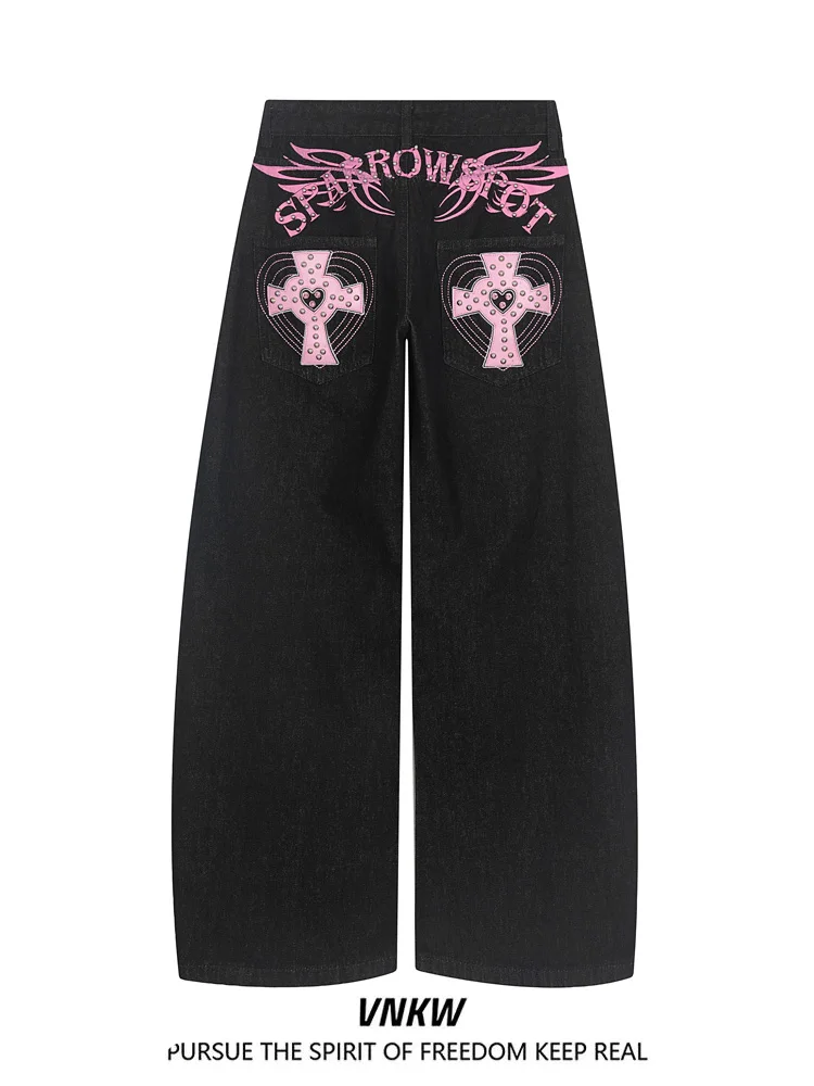 

Retro American Rivet Cross Stitched Denim Pants Men's Loose Wide Leg Jeans Casual Straight Cut Spring Season Cotton Polyester