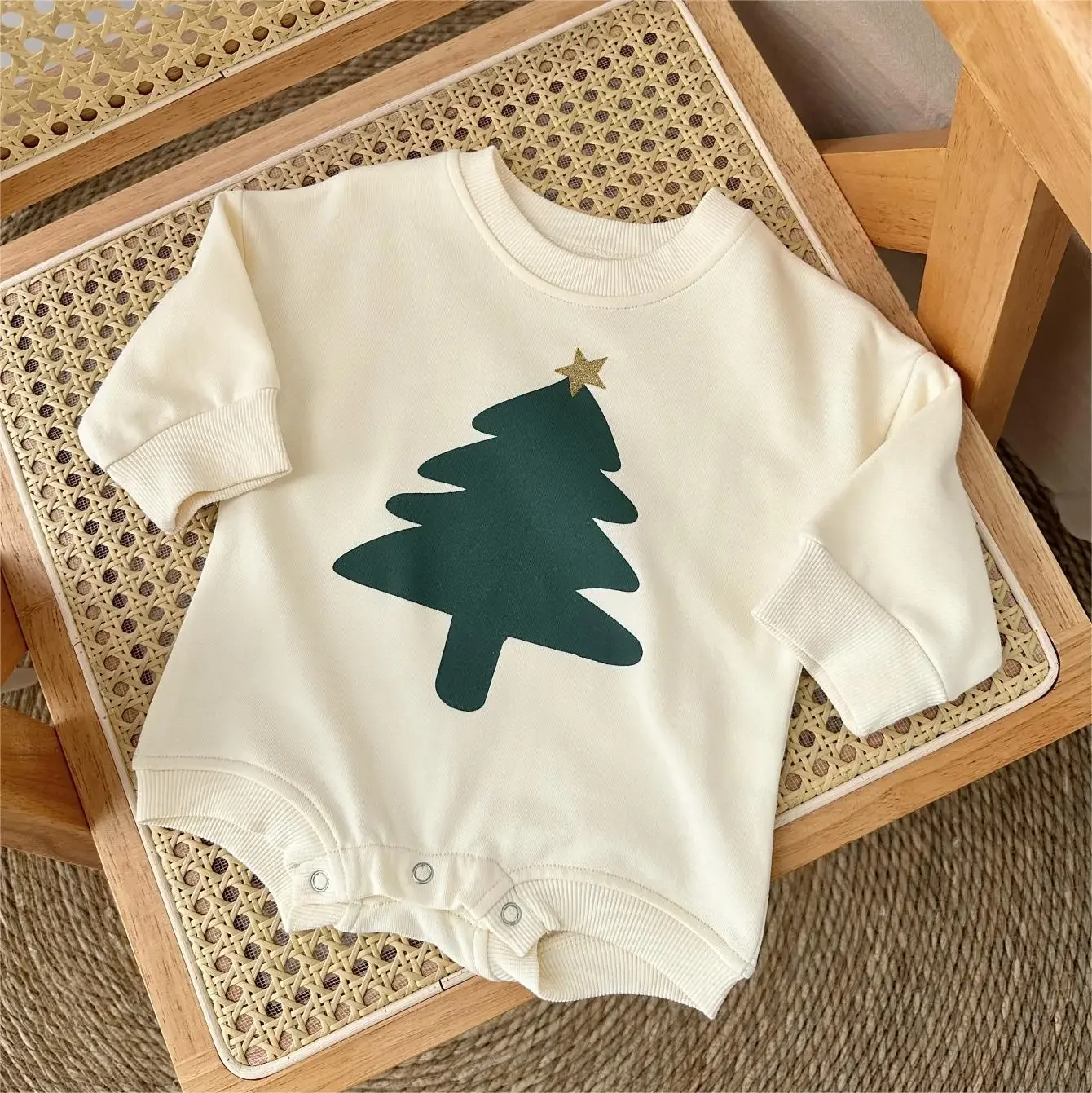 Kleinkind Baby Jungen Mädchen Grüner Weihnachtsbaum Stern-Druck Langarm-Strampler Baby Weicher Hautfreundlicher Herbst-Bodysuit – Detail 5