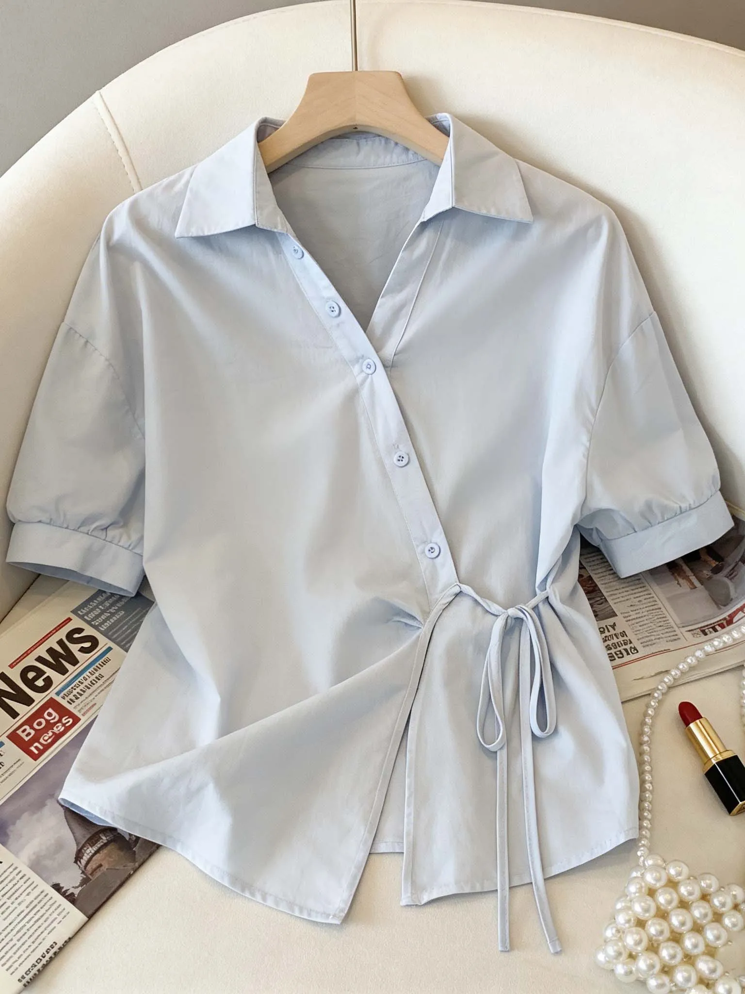 

Summer New Style plus Size Women's Shirt Sweet Casual Loose Short Sleeve Asymmetrical Hemline Breathable Comfortable Inner Wear