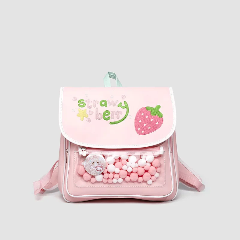 College Style Ita Mochilas Sweet Cute Letter Strawberry Transparent Mochilas Student Backpack School Bag Crossbady Bag for Women