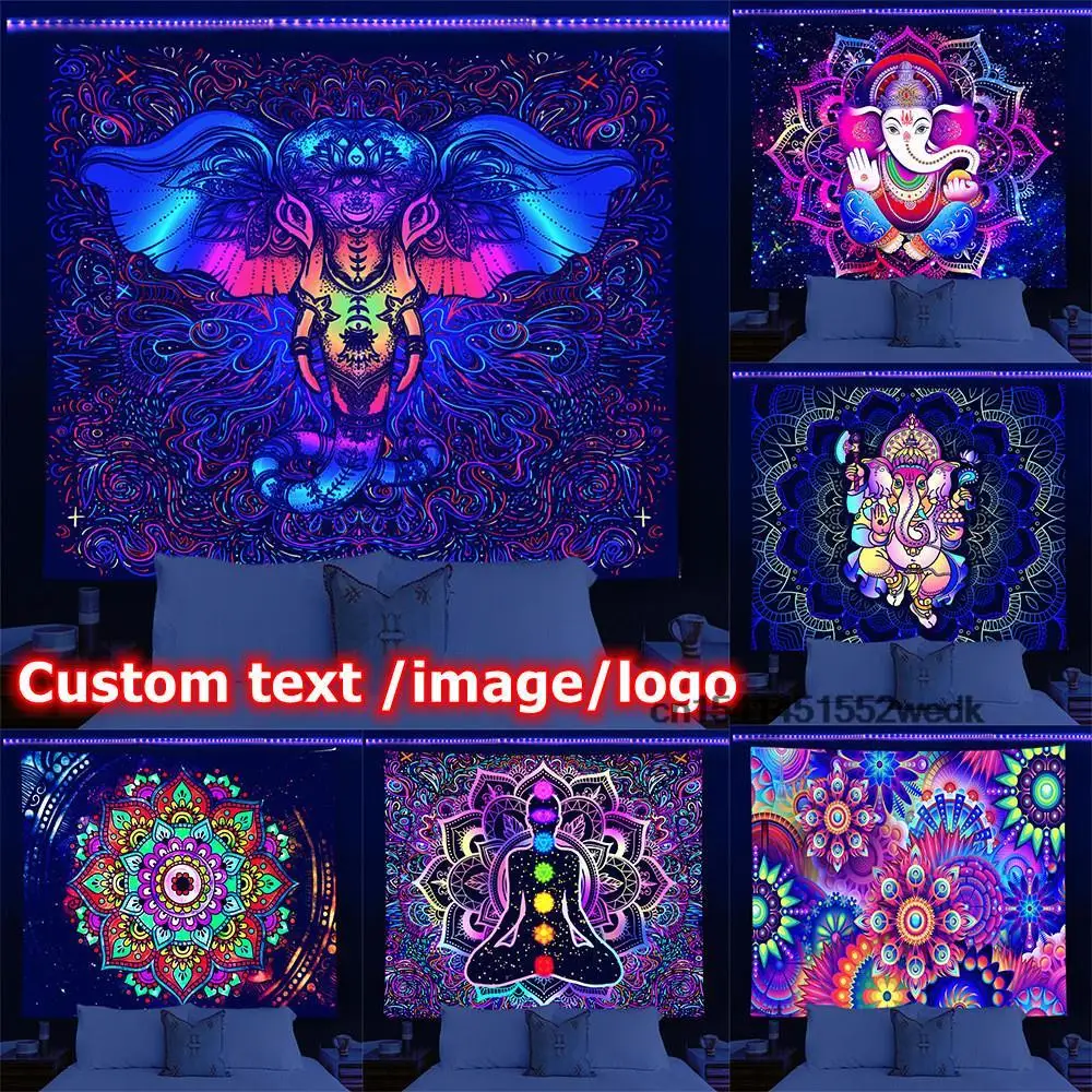 Custom Blacklight Tapestry UV Reactive Trippy Hippie Black Light Tapestry Aesthetic Wall Decor Neon Tapestries Party Backdrops