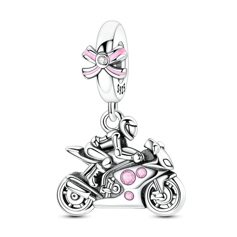 

925 Sterling Silver Handsome Motorcycle Girl Charms Pendant Fit 3mm Original Bracelet DIY Women Birthday Anniversary Jewelry
