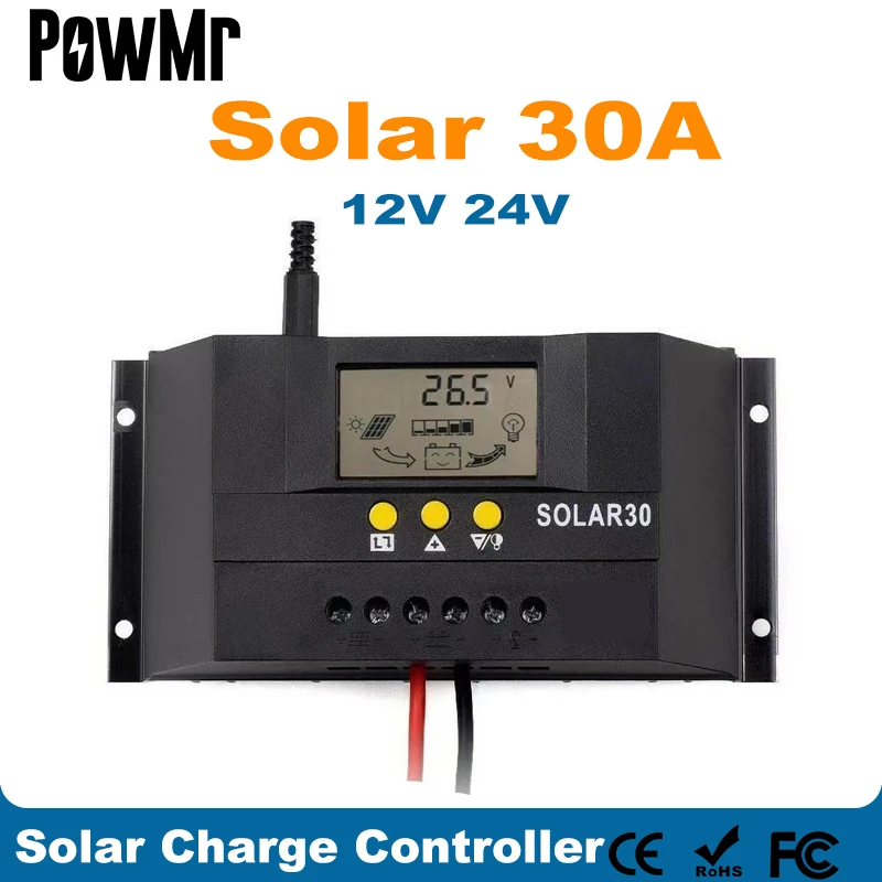 Powmr 30a Controlador de Carga Solar Lcd com 4m Sensor Temp Remoto 12v 24v Painel Fotovoltaico Carregador de Bateria Sistema Solar