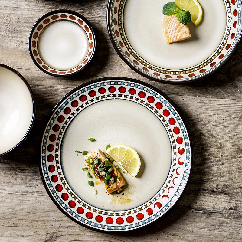 

Hxl polka dot dinnerware set - ceramic salad plates, deep plates, and rice bowls for home use