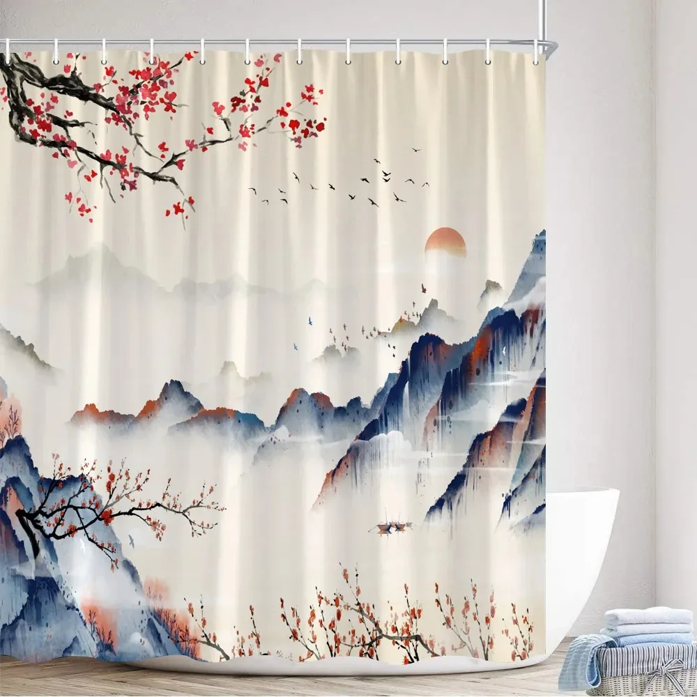 Japanese Style Shower Curtain Koi Fish Cherry Blossom Sun Sea Wave Octopus Landscape Polyester Fabric Curtains Bathroom Decor