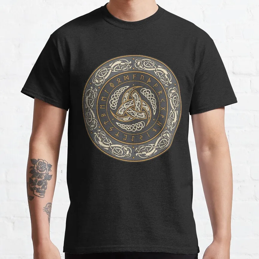 Horns of Odin Norse Triskelion with Runes Ancient viking runas celtic knot middle ages nordic symbols printed t shirt plus size