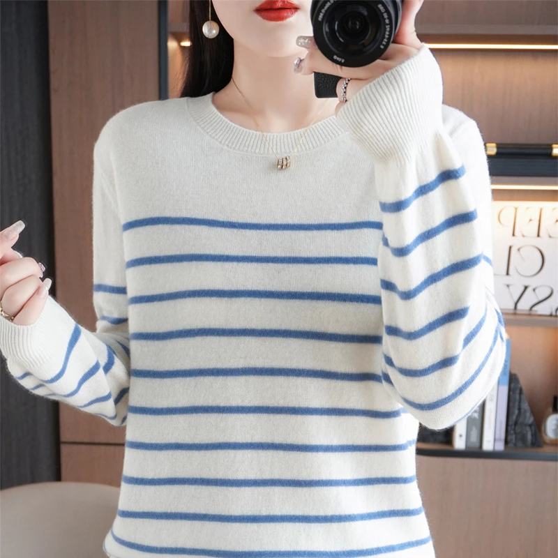 Spring And Autumn Striped Sweater Women\'s New Loose Crew-Neck Pullover Long Sleeve With Bottom Wool Sweater2024