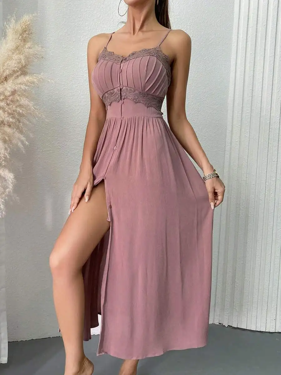 

Lace Panel Front Button Adjustable Strap Pleated Long Night Dress